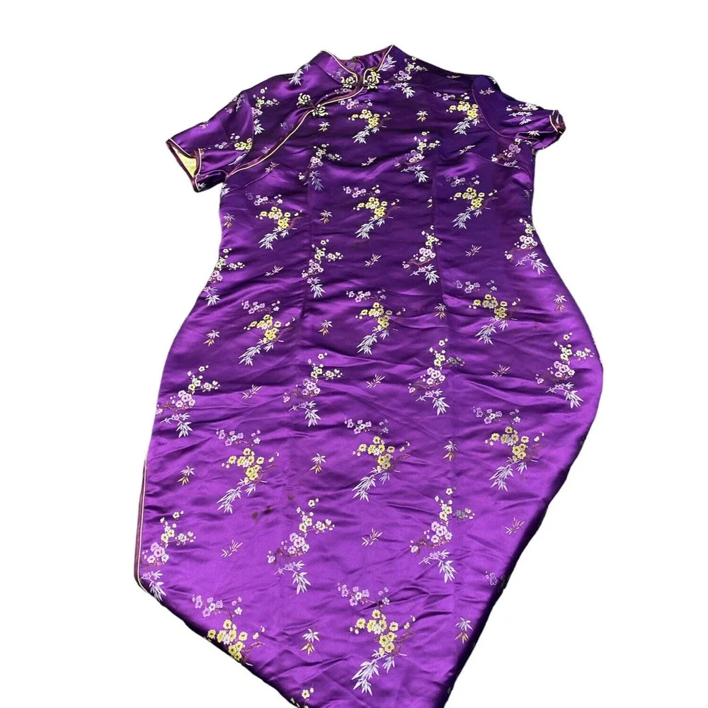 Mu lan Cheongsam Qipao purple Chinese Floral pattern Dress xxl - Picture 1 of 11